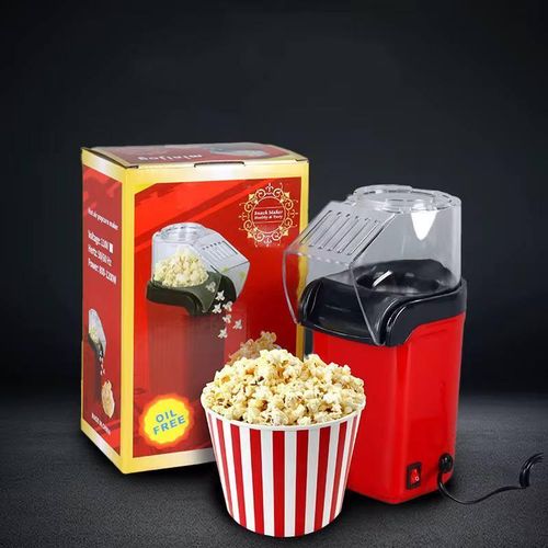 Red Popcorn Maker with a striped tub of fresh popcorn